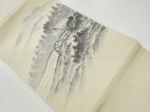 リサイクル　作家物　ひげ紬手描き山並みに家屋風景模様名古屋帯